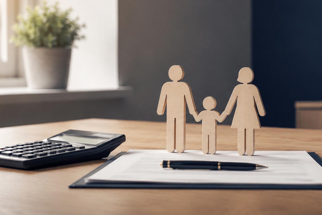 Close-up of a wooden table with a black calculator, a folder of documents with a pen on top, and three wooden family figurines (man, child, woman) holding hands. Blurred background with a window and potted plant.