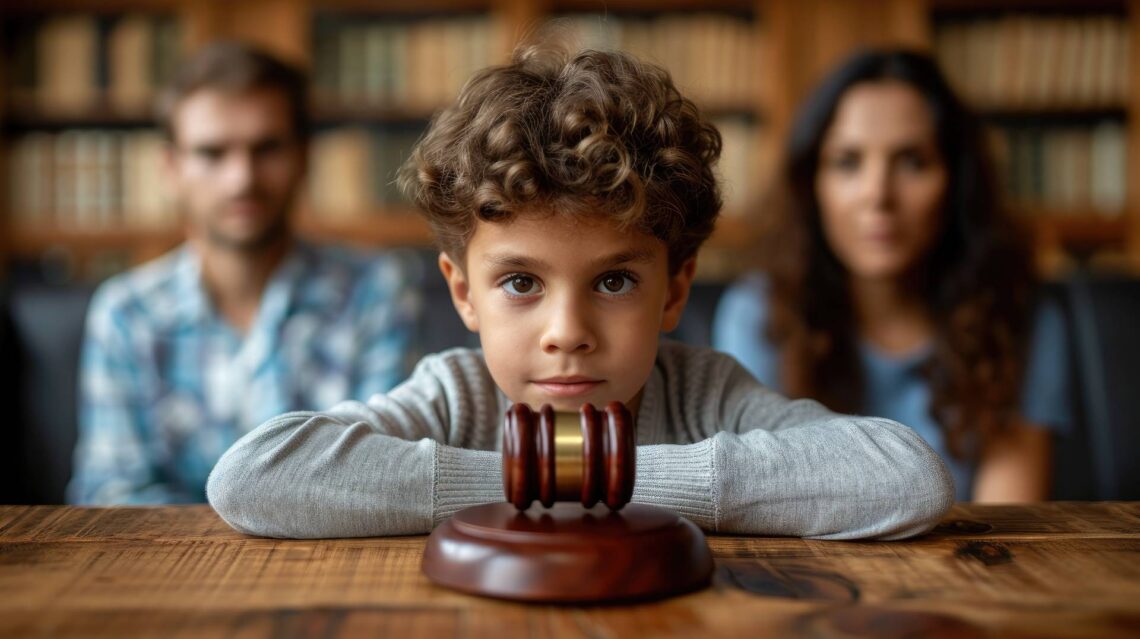 A child sitting in a courtroom with a gavel in front of them on a desk, and their parents sitting behind them.
