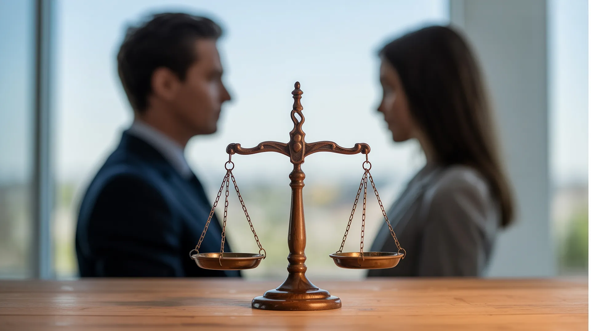 A couple looking at each other blurred in the background, with the scales of justice on a table in the foreground.