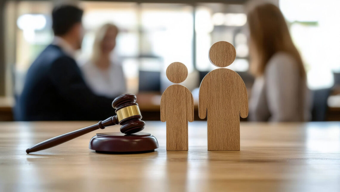 A wooden parent and child on top of a table next to a judge’s gavel.