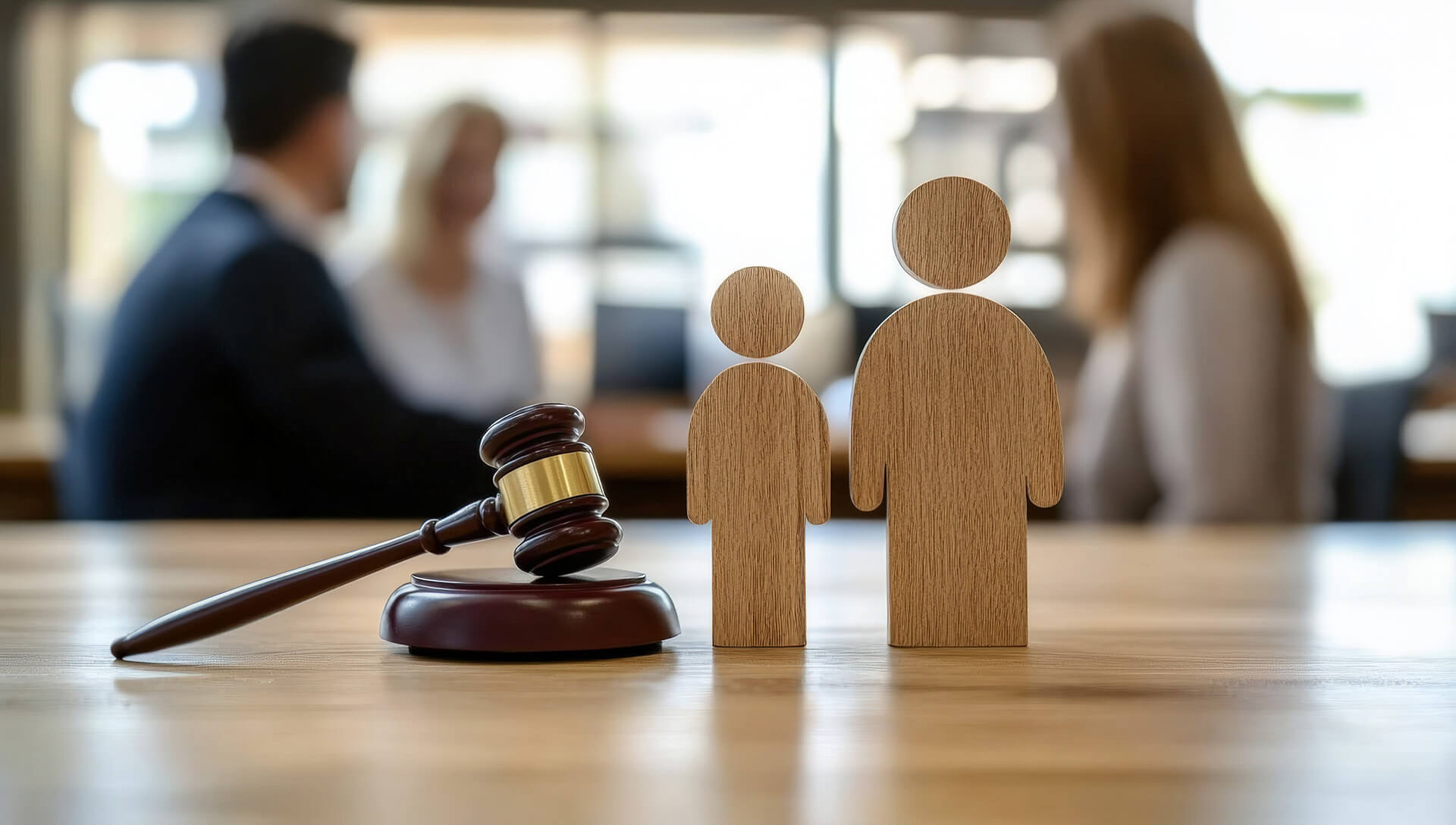 A wooden parent and child on top of a table next to a judge’s gavel.