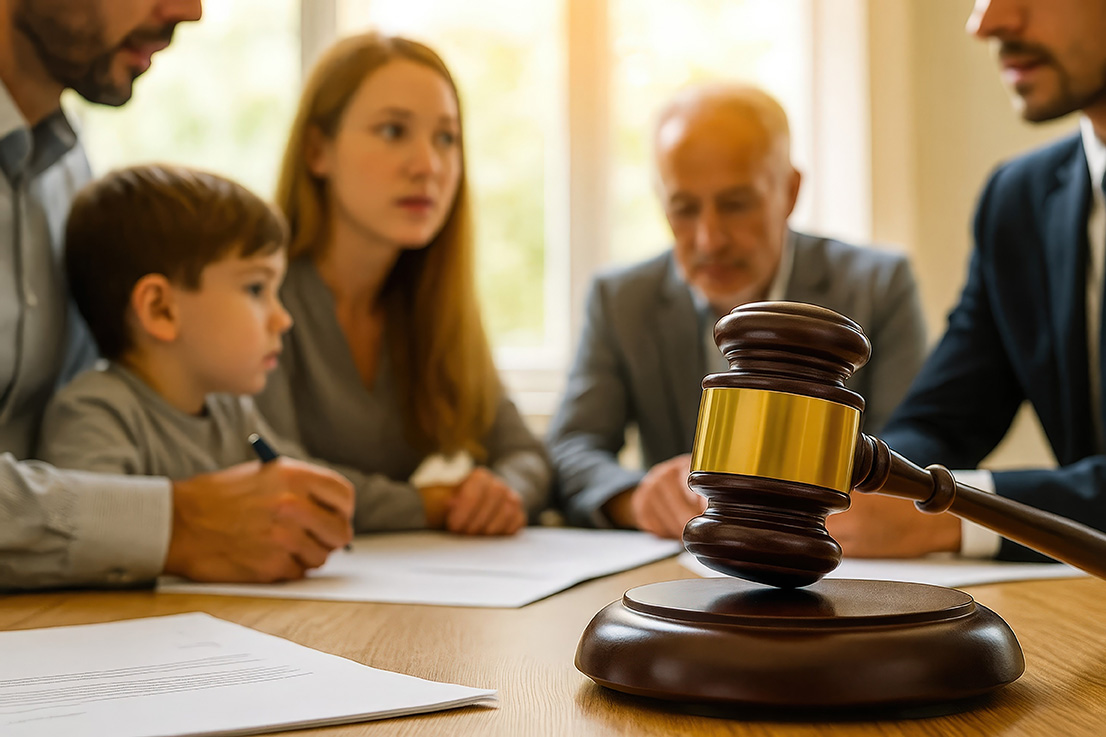 A family sitting at a table with a lawyer and a judge’s gavel on the table.