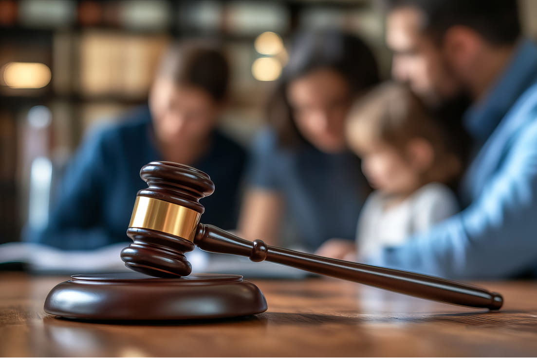 A professional family law attorney in New York, seated at a desk with legal documents and a laptop, ready to assist clients.